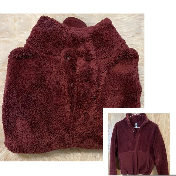 Burgundy Pullover 1/4 Snap Fleece Oversized Cropped Jacket - Picture 4 of 4